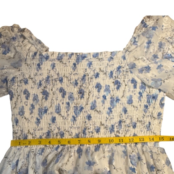 Baltic Born Fabian Jacquard Midi Dress XL White Blue Floral Sheer Sleeve Tiered - Picture 8 of 14